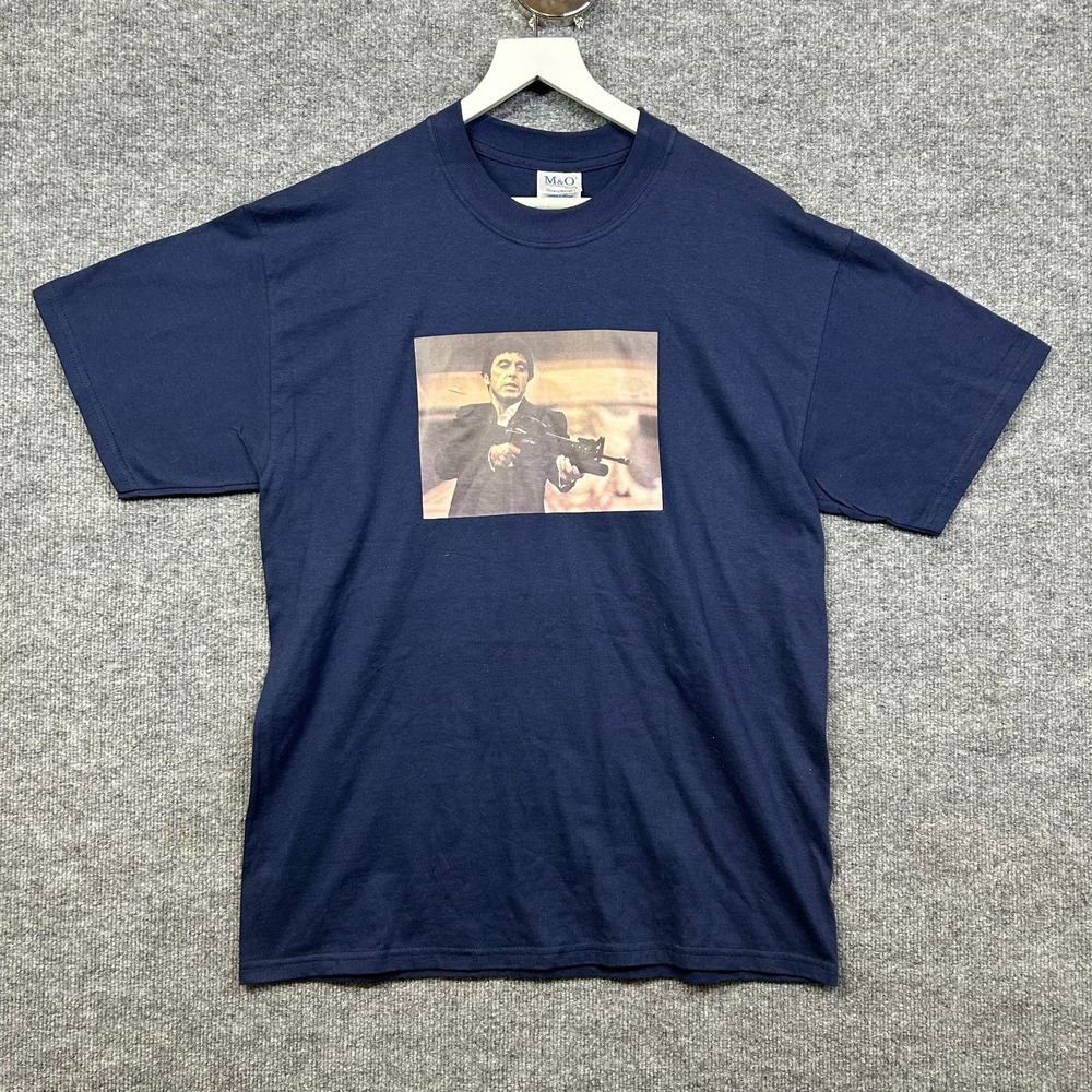M&O Knits Scarface T-Shirt Men's Navy Blue Tony Montana Movie Graphic - Large